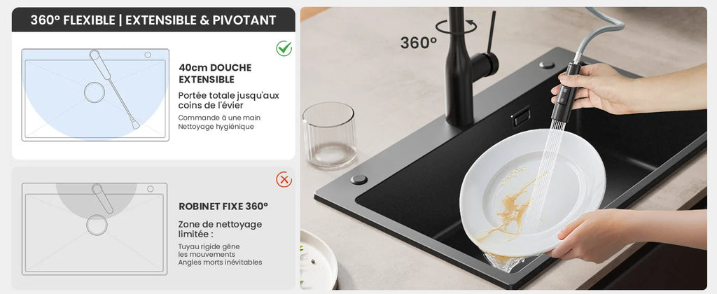 Kitchen Tap Black, Vase Umbrella Shape Pull Down Kitchen Faucet 360 Swivel, 2 Modes Spray Hot Cold Water Mixer, 304 Stainless Steel Sink Mixer, Easy Install DVGW PEX Hose, Standard G3/8 Modern Home Black Water Tap