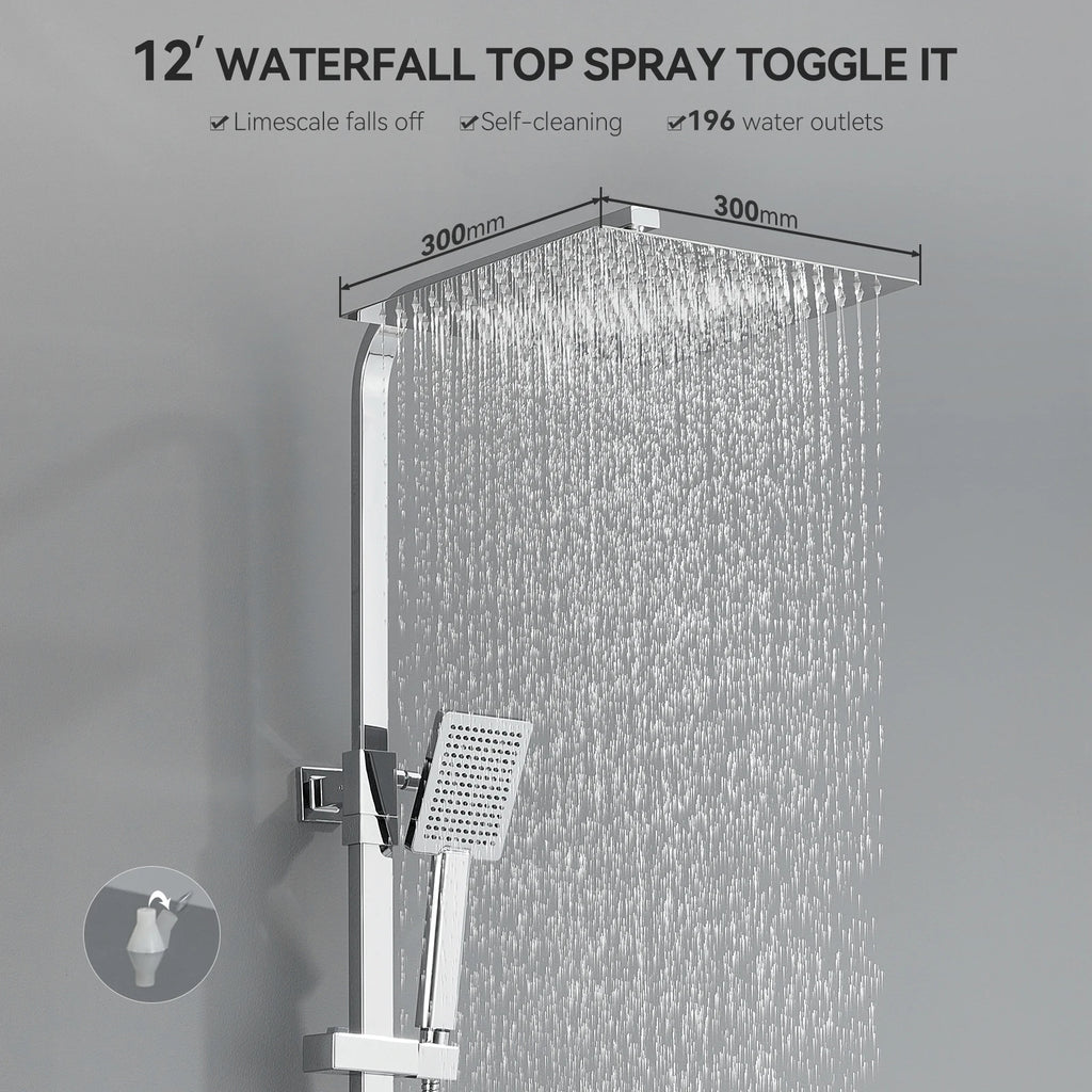 Auralum Thermostatic Shower Column, 38°C Thermostatic Mixer, Stainless Steel Shower System, Brass Faucet,12 inch, Chrome