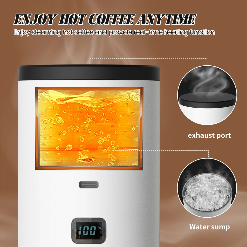 White portable electric coffee heater with digital temperature display, steam exhaust port, and internal water sump.