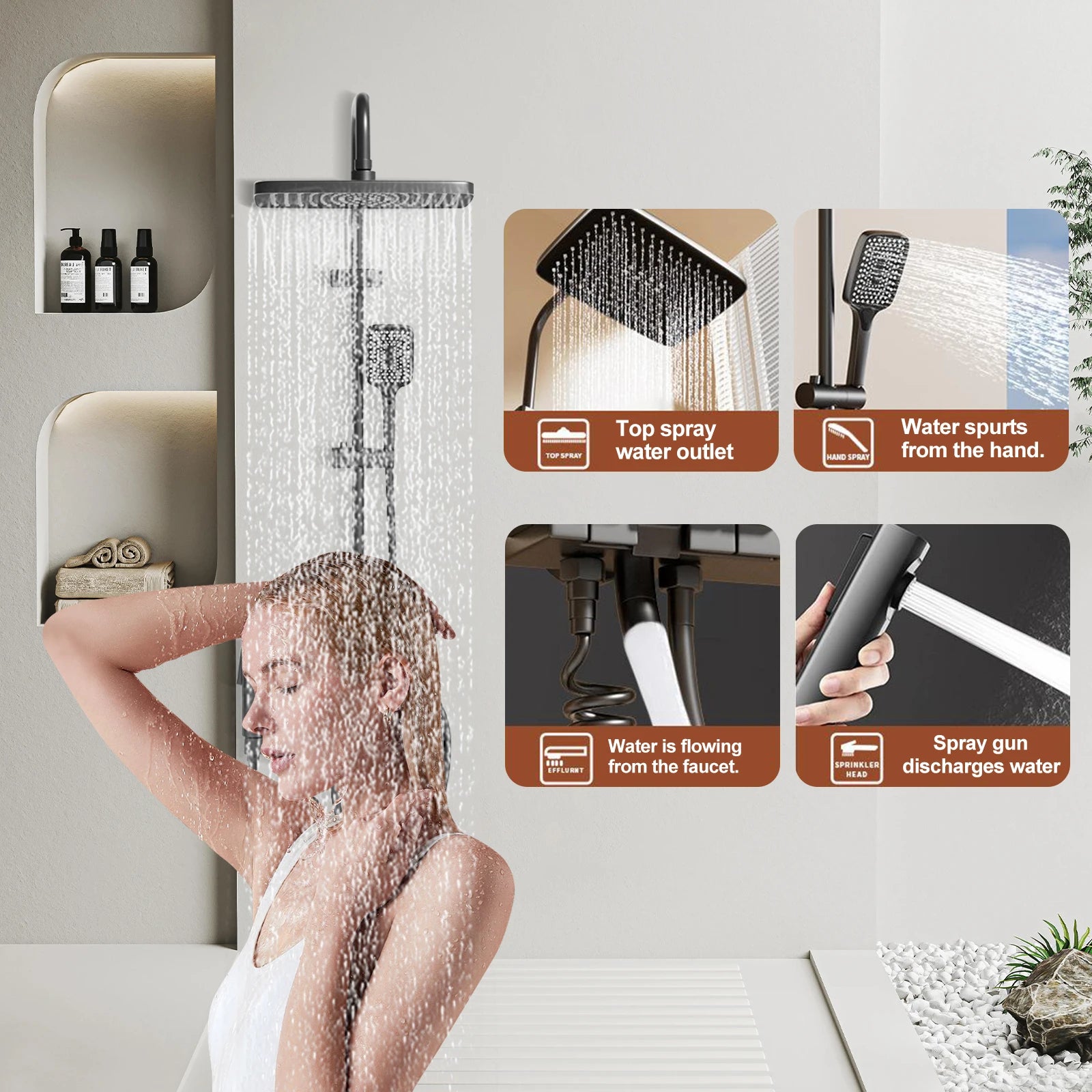 Thermostatic Rainfall Shower System with Digital Temperature Display, Handheld Shower Head Set, Adjustable Bathroom Shower Kit
