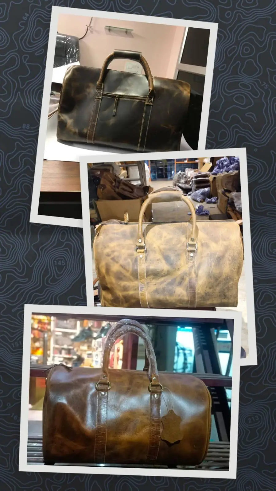 Durable brown full grain leather duffel trunks, large capacity casual sports bags with handles and zip closure.