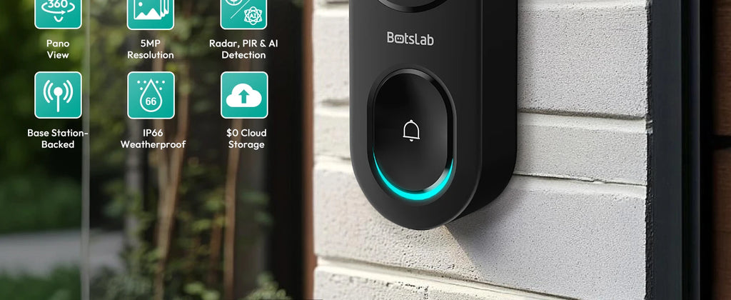 Botslab R810 180°Panoramic View Wireless Video Doorbell Camera AI Motion Detection Night Viewsion 5MP WiFi Camera Doorbell IP66 Waterproof Security Digital Door Peepholes with Cloud and Local Storage