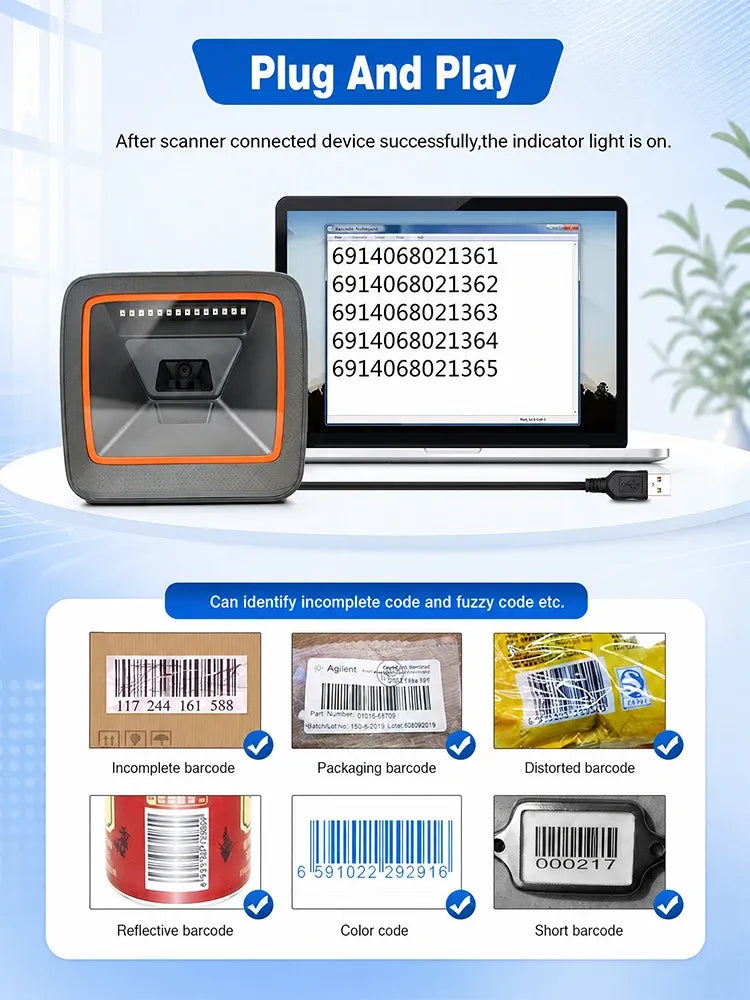Desktop barcode scanner with orange-trimmed scan window and indicator lights