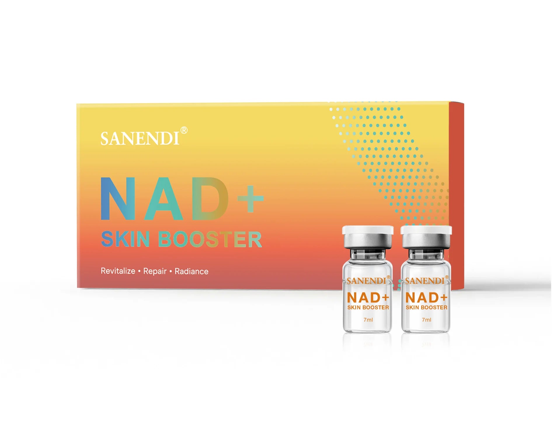 Sanendi NAD+ Complex Essence set: 5 clear glass vials with silver caps for skin radiance, repair, and revitalization.