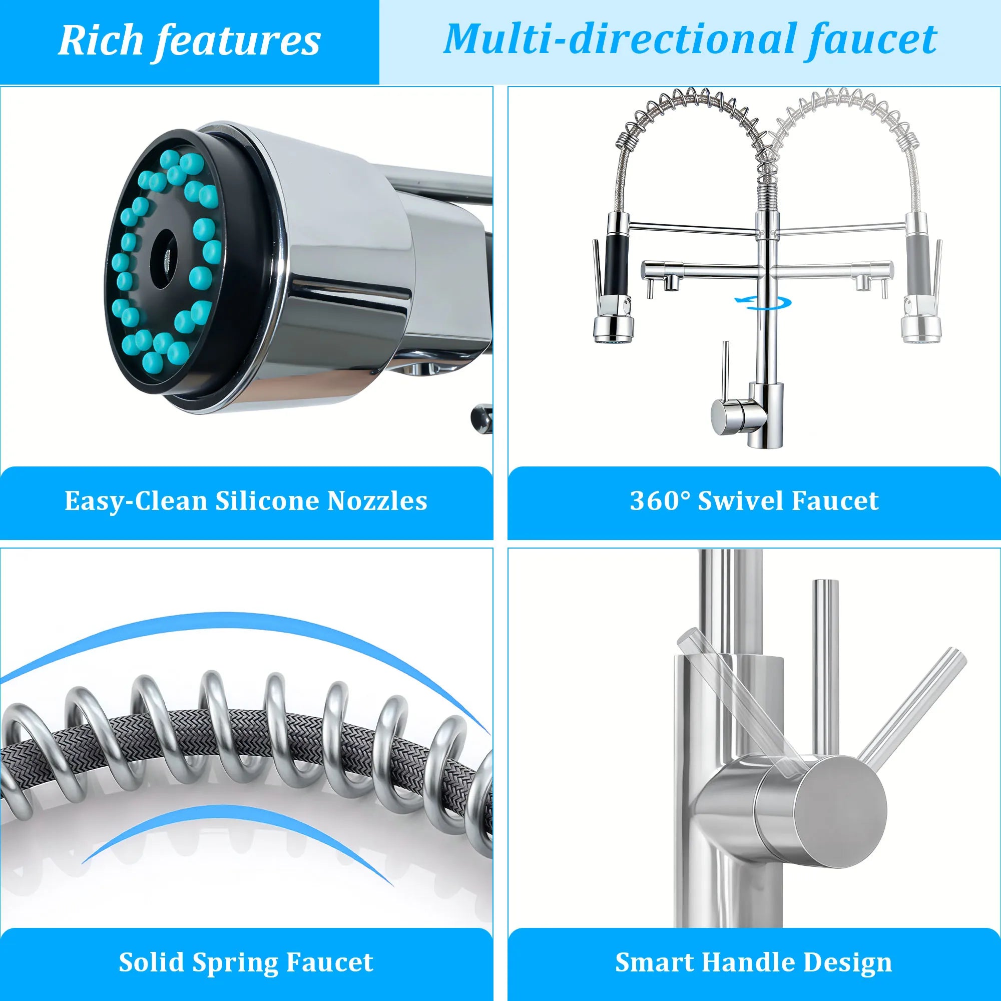 Multi-Function Pull-out Kitchen Sink Faucet, Full Dual-Direction Rotatable Swivel Spout, Premium Kitchen Mixer Faucet with Stable Hot and Cold Water Mixing, Detachable Pull Down Spray Head Kitchen Tap for Household Kitchen Us