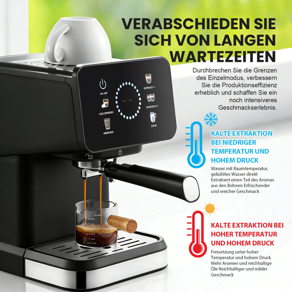 Black espresso machine with touch display, portafilter, and glass cup, featuring hot and cold extraction modes.