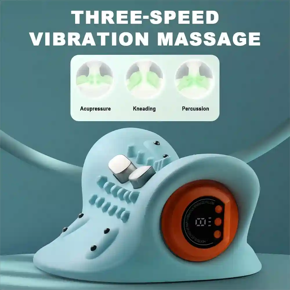 Blue electric cervical neck stretcher with textured nubs, metal contact points, and an orange digital control dial.
