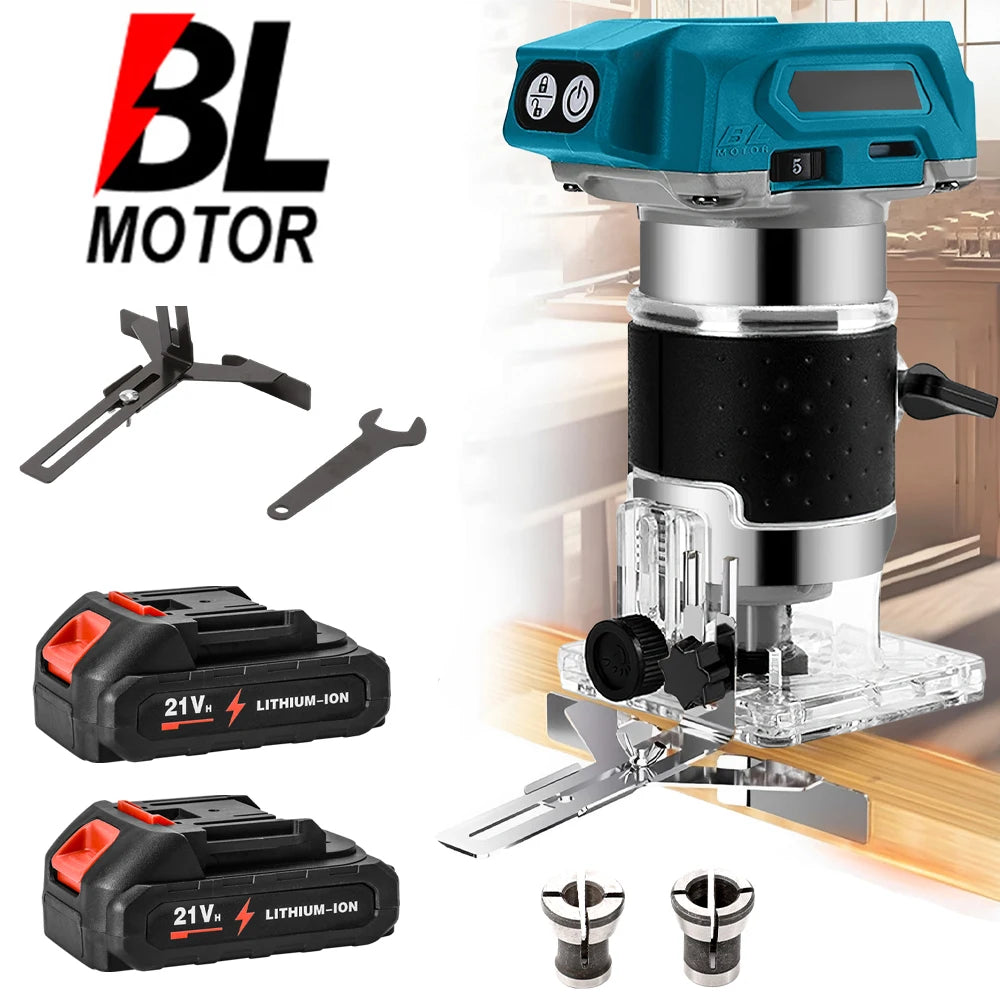 Cordless wood router trimmer with teal housing, clear base, and cutting accessory bits set