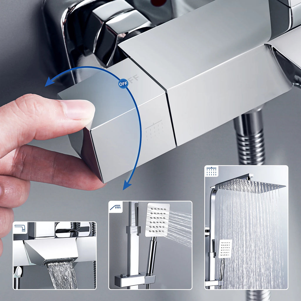 Shower Column with Thermostatic faucet, Wall-mounted Shower System, 30 × 20 cm Rain shower head, suitable for bathtubs
