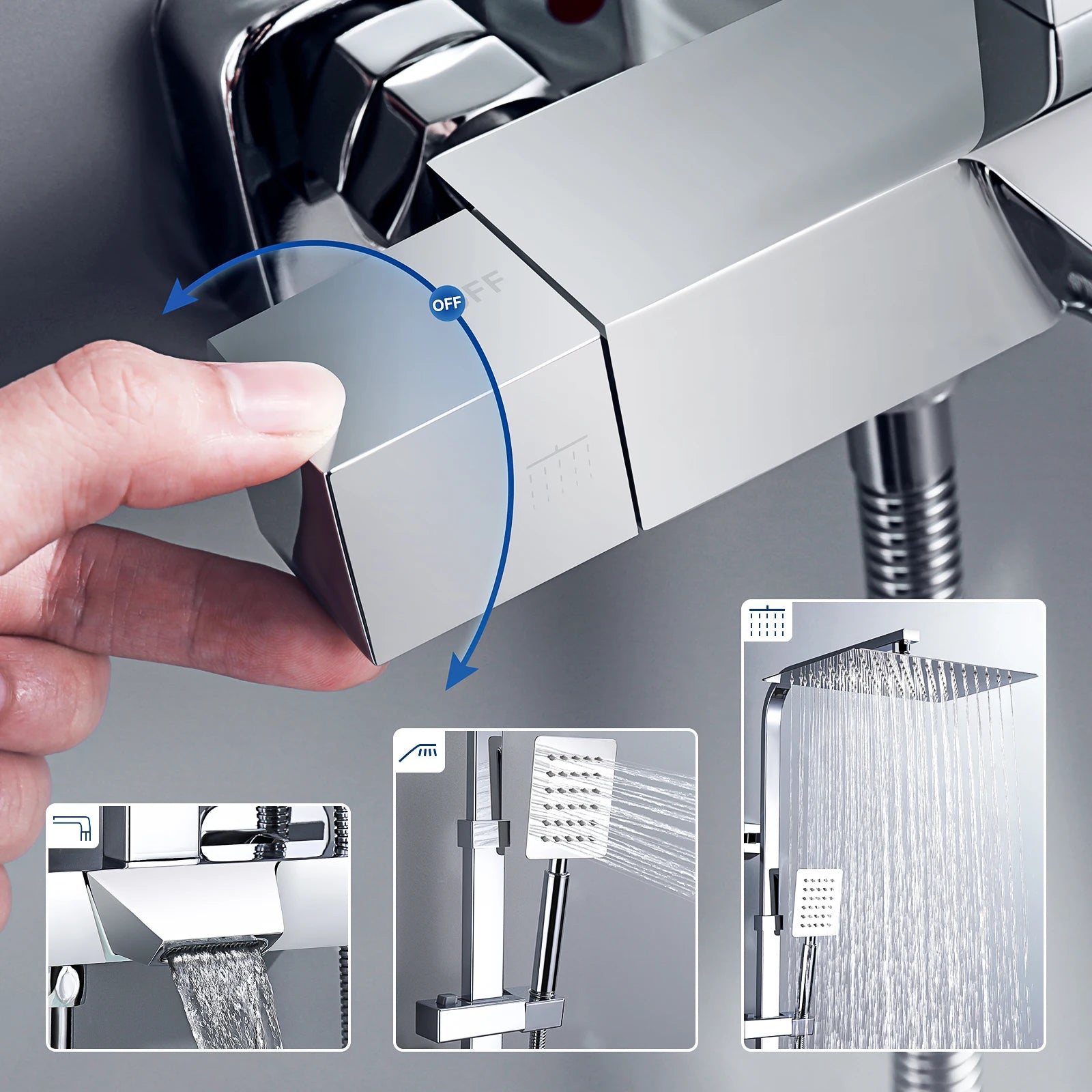 Shower Column with Thermostatic faucet, Wall-mounted Shower System, 30 × 20 cm Rain shower head, suitable for bathtubs