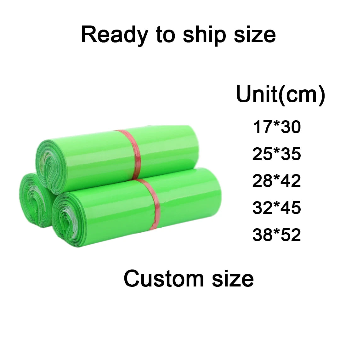 Green poly mailer roll size chart with unit(cm) and ready to ship dimensions