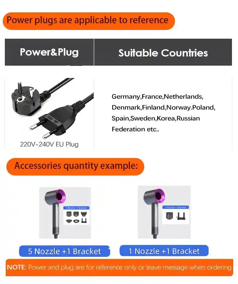 Grey professional bladeless hair dryer with purple detail, EU plug, and various nozzle attachment bundle options.