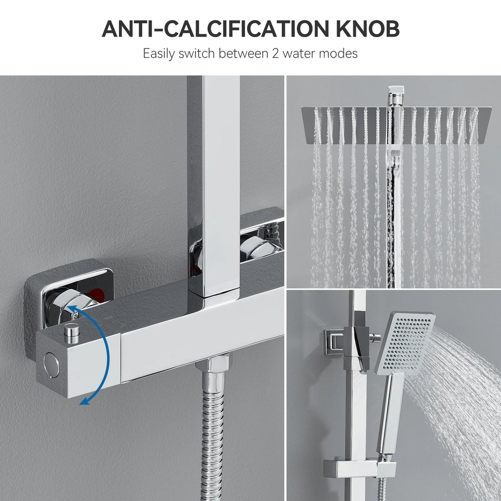 Auralum Thermostatic Shower Column, Stainless Steel with Brass Faucet, 12 inch Large Head Shower, 0.8-1.24 m, Shower System, Chrome, Square