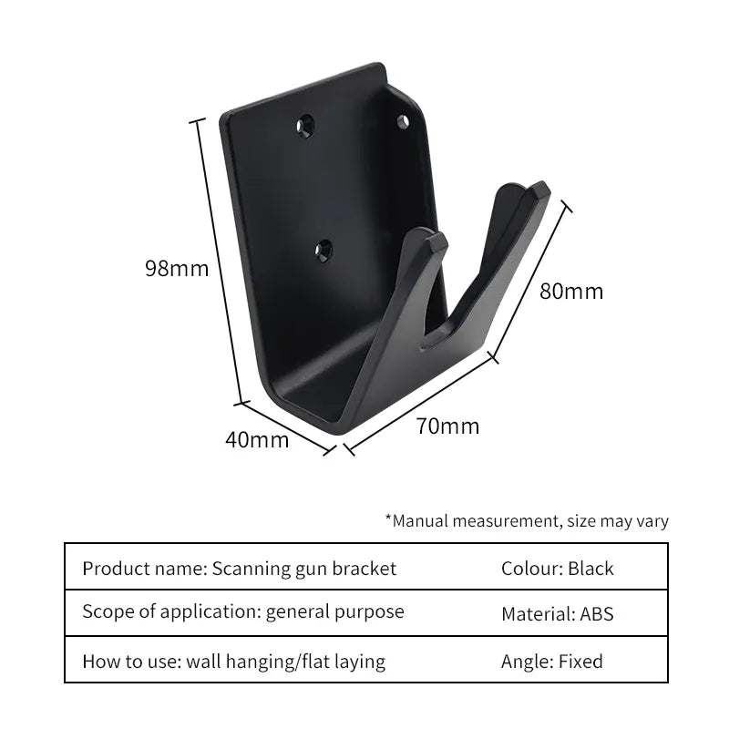 Black barcode scanner stand with adjustable cradle and base, removable holder