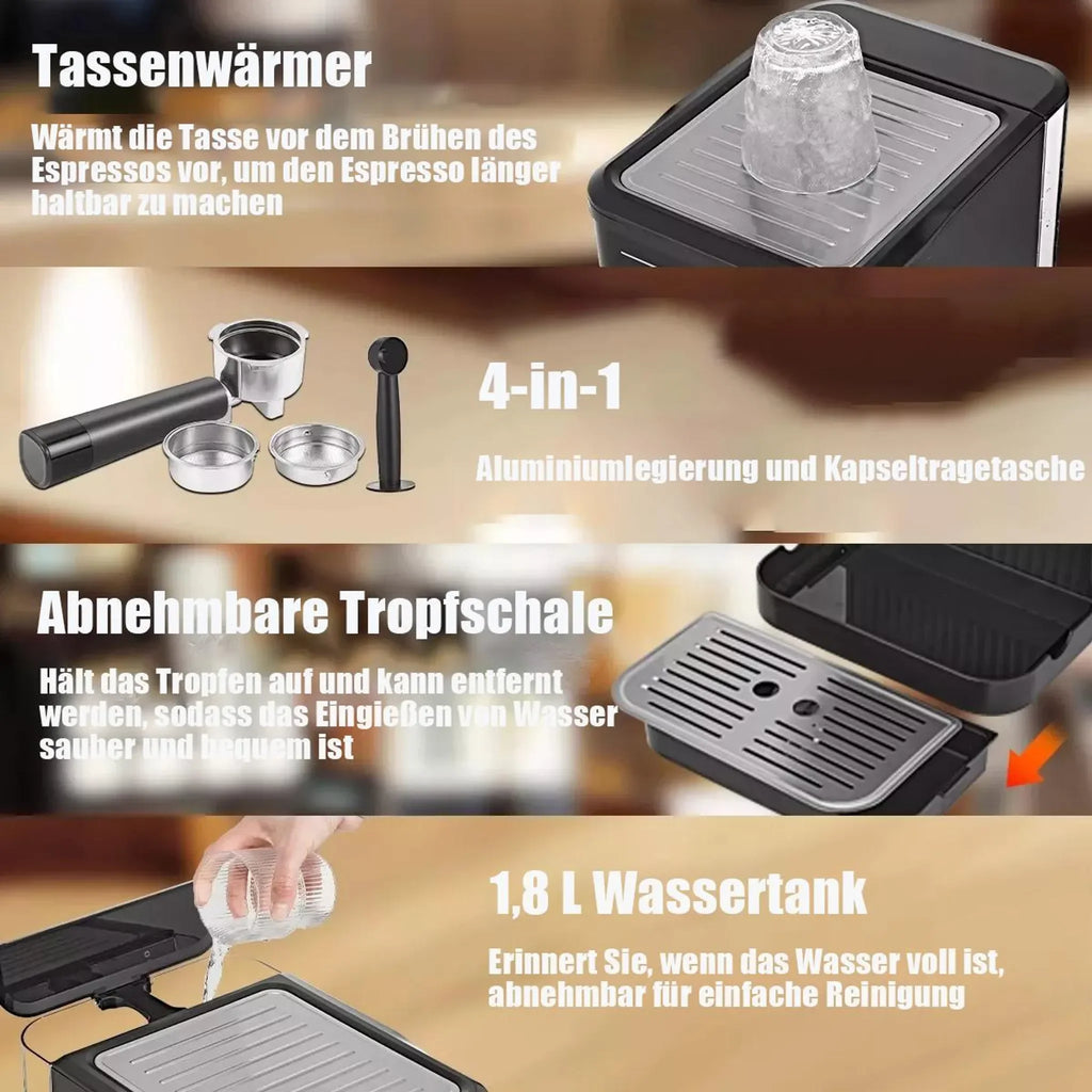 4-in-1 espresso machine features cup warmer, aluminum portafilter, removable drip tray, and 1.8L water tank.