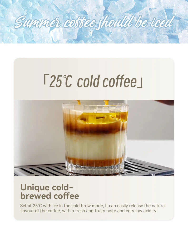 Cold brew coffee maker dispensing layered iced coffee into a glass on a white machine base with summer ice background.