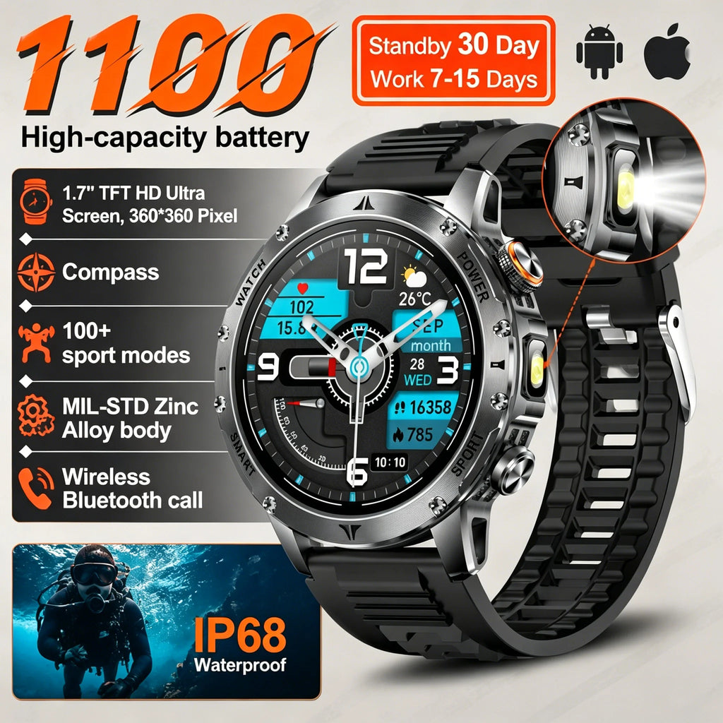 Men Military Smart Watch 1100mAh Large Battery 30 Days Standby Bluetooth Call Flashlight Compass 1.7" TFT HD 360*360 Screen IP68 Waterproof Sports Smartwatch 100+ Sport Modes Heart Rate Sleep Monitor Fitness Tracker For Andro