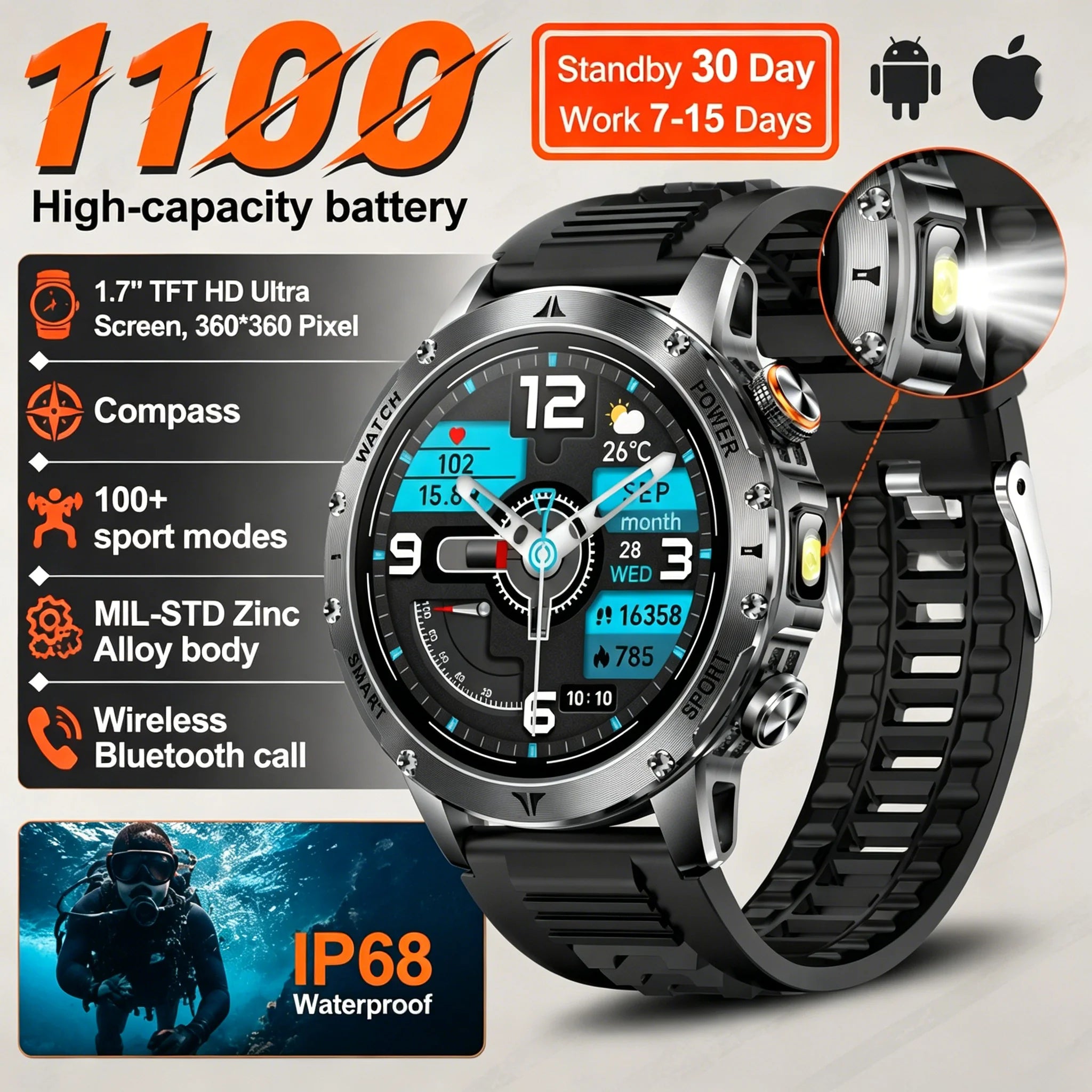 Men Military Smart Watch 1100mAh Large Battery 30 Days Standby Bluetooth Call Flashlight Compass 1.7" TFT HD 360*360 Screen IP68 Waterproof Sports Smartwatch 100+ Sport Modes Heart Rate Sleep Monitor Fitness Tracker For Andro