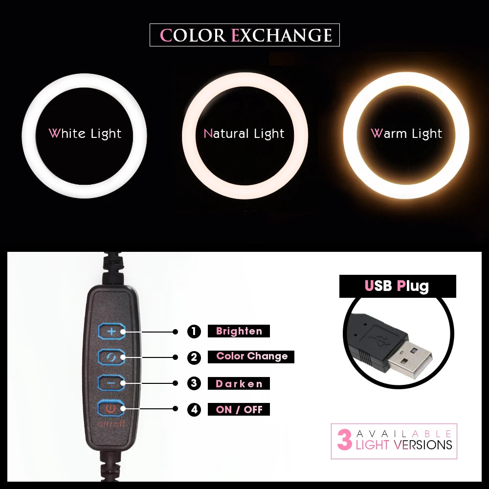 Ring light with white, natural, and warm settings, plus a USB-powered remote to adjust brightness and light color.