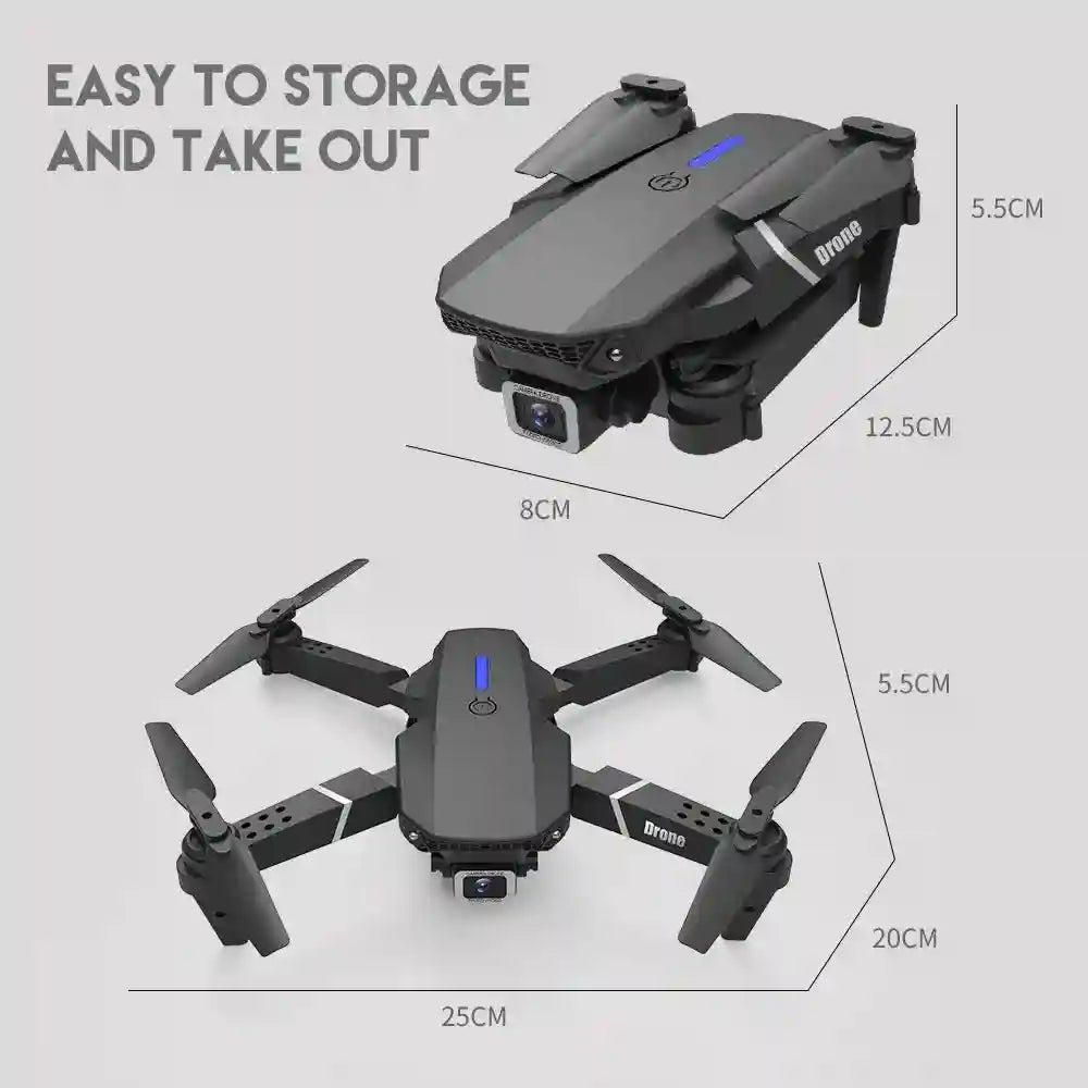 Foldable dark gray camera drone with dimensions showing compact folded and extended flight sizes.