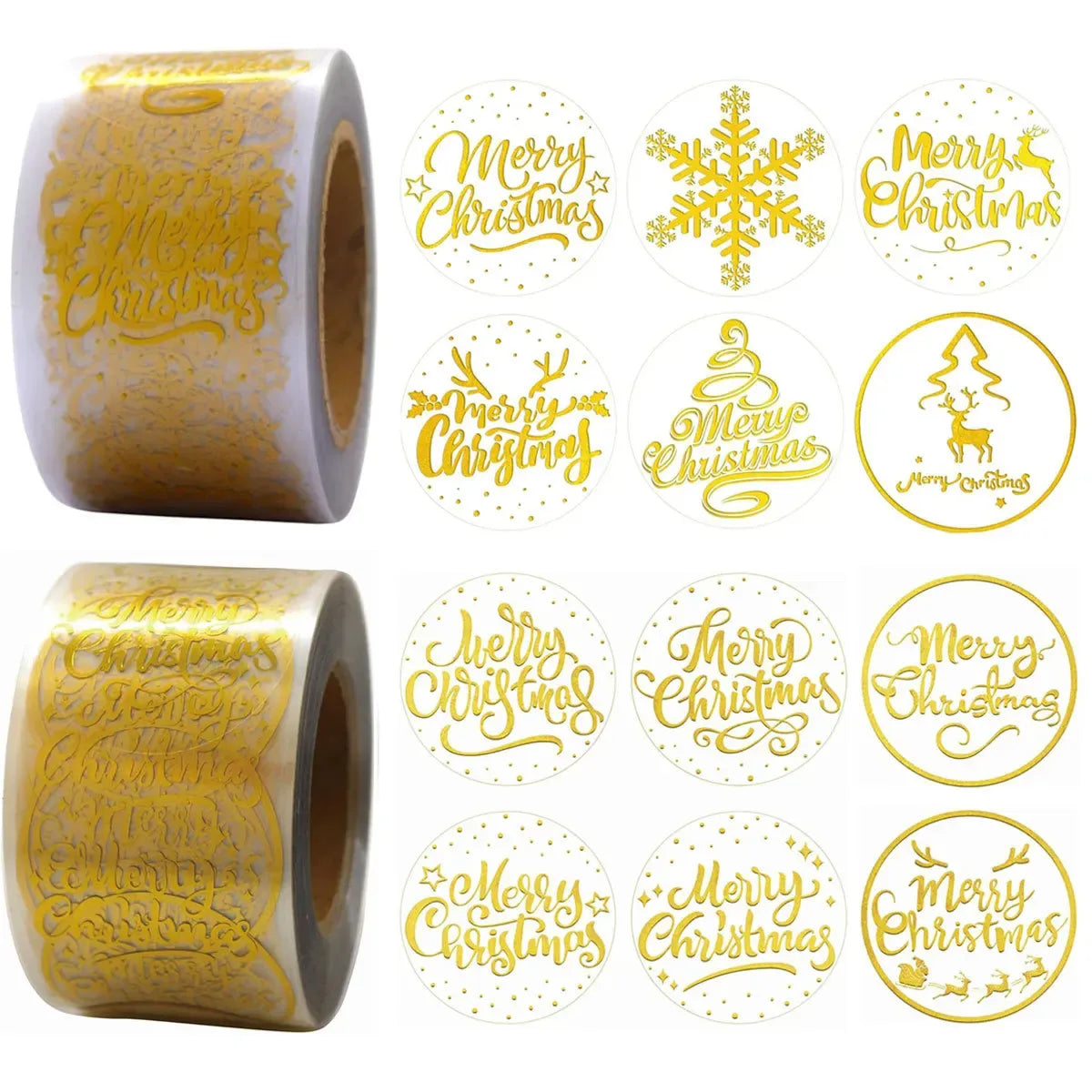 Two rolls and sheet of round Christmas stickers with gold “Merry Christmas” script, transparent style.