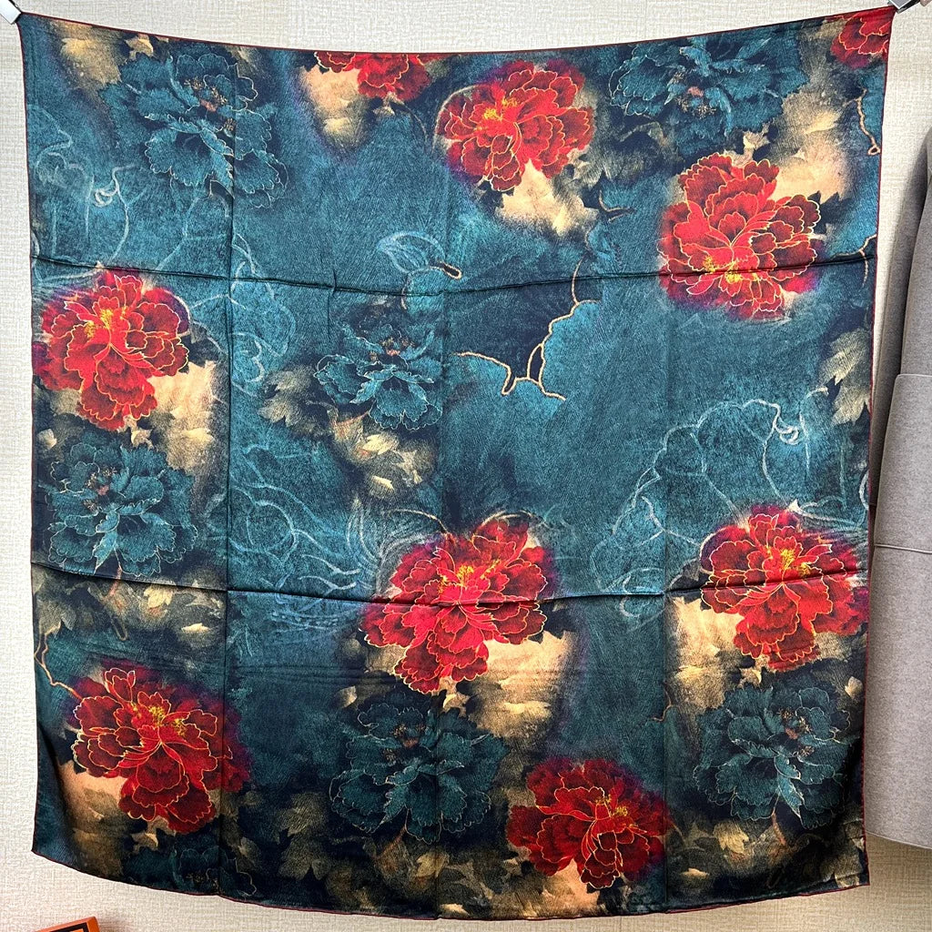 105cm Large Square Scarf Mulberry Silk Crepe Satin Shawl Printed Floral Scarf