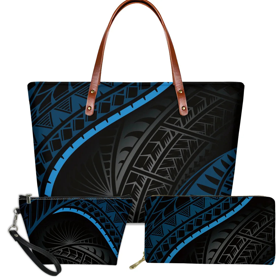 3-piece set of blue and black Polynesian tribal print handbags with brown leather handles and matching zipper purses.