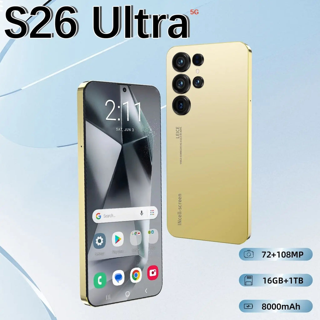 2026 New S26 Ultra 5G Smartphone Original 7.3 Inch 16GB+1TB 108MP HD Beauty Camera Unlocked Dual Card Android 15 Mobilephone