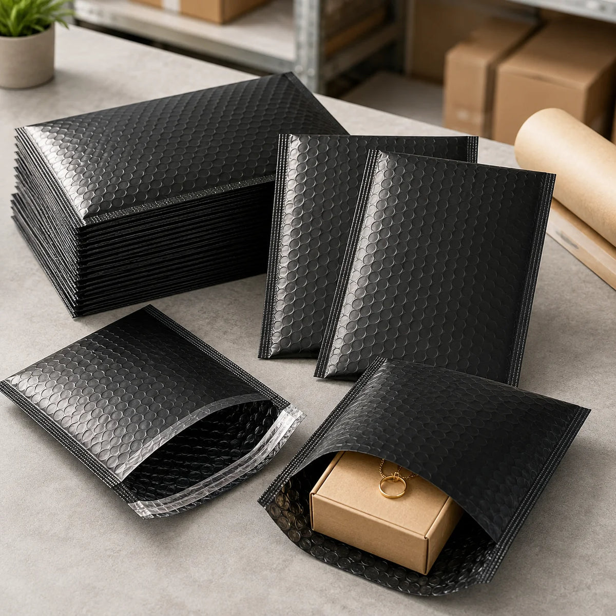 Black bubble mailing envelopes stacked and arranged with textured protective padding