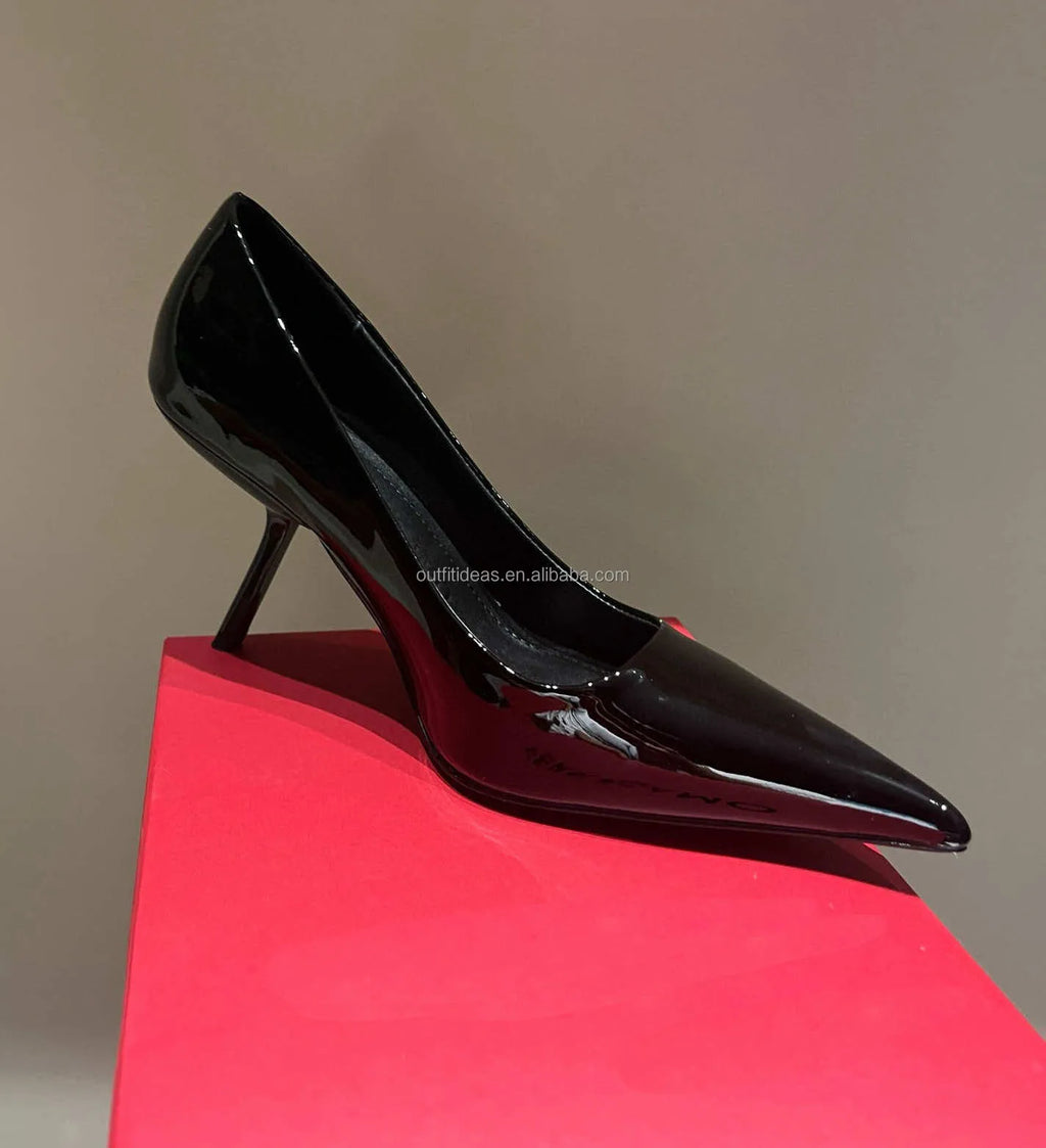 New Fashion Women Girls Shiny Patent Calfskin Pointy Toe Luxury Design Stiletto Heels Pumps Shoes in Genuine Leather Black Pumps