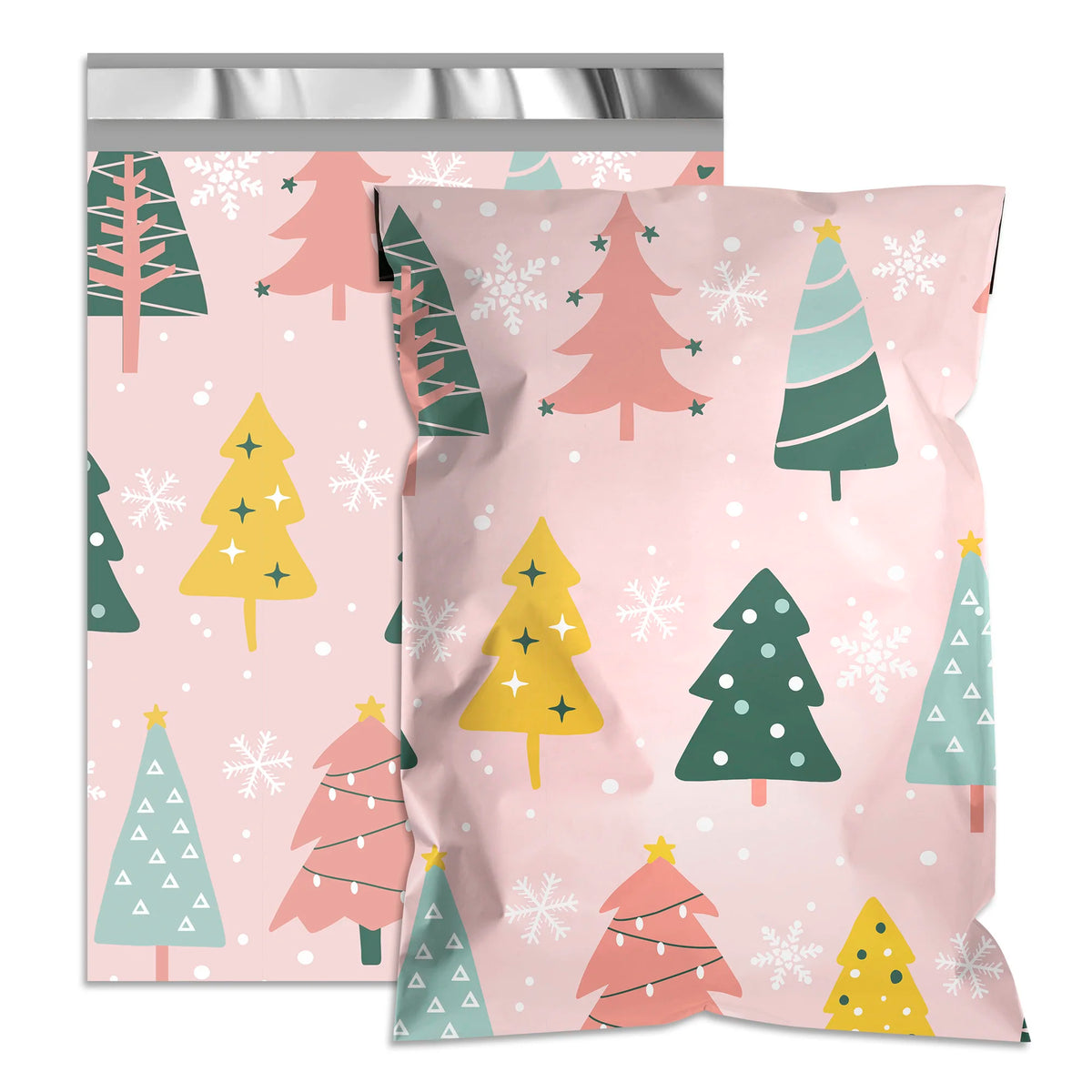 Christmas shipping bag with layered trees and stars print, blush pink background