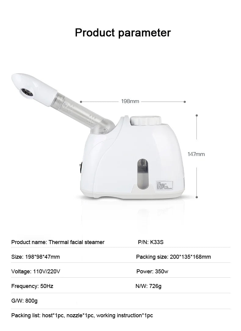 Portable white thermal facial steamer machine with adjustable nozzle for home skin care and ozone spa beauty treatment.