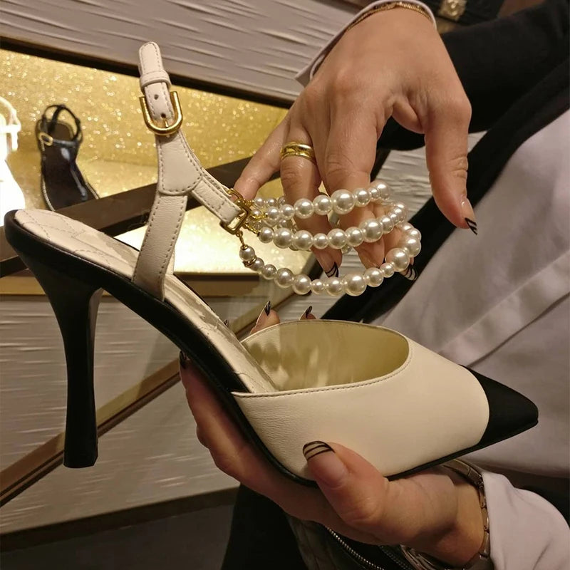 2026 Summer New Pointed High Heels Color Blocked Pearl Chain Toe Women's Sandals