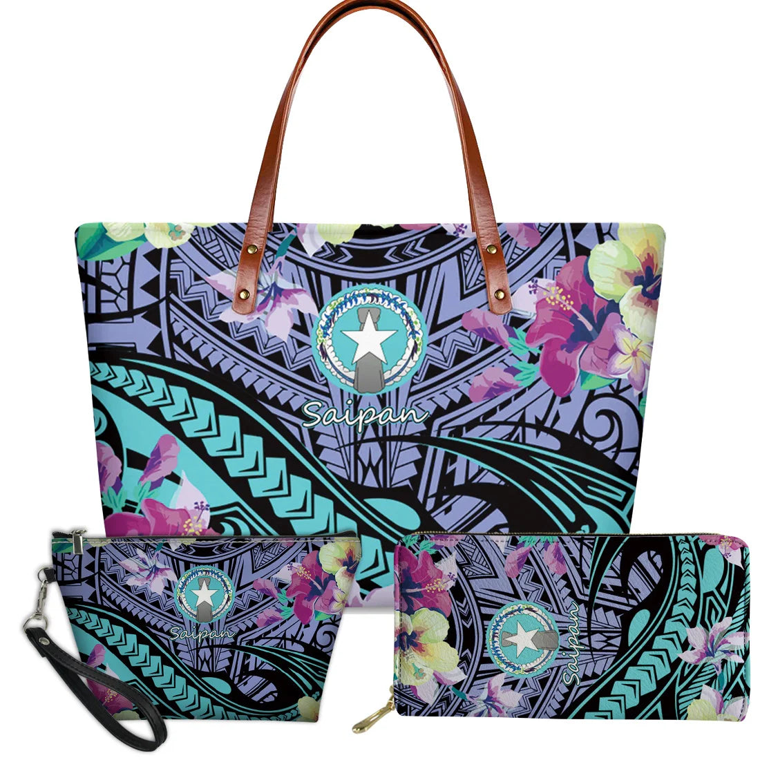 3pc Saipan tribal turtle and floral print handbag set with brown leather straps and zip-top accessories.