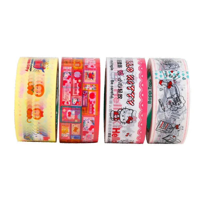 Colorful printed adhesive tape rolls, pastel designs with Hello Kitty and cartoon icons