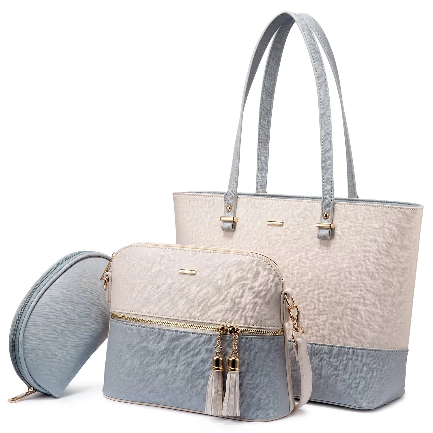 LOVEVOOK 3-piece designer handbag set in two-tone cream and blue PU leather featuring a tote, crossbody, and pouch.