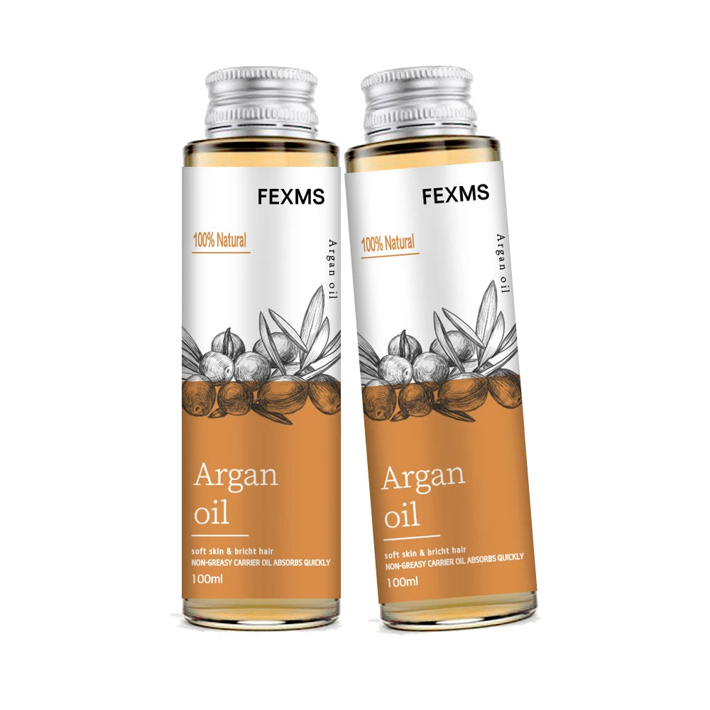 Two Argan oil bottles, 100ml each, FEXMS, amber liquid in clear glass
