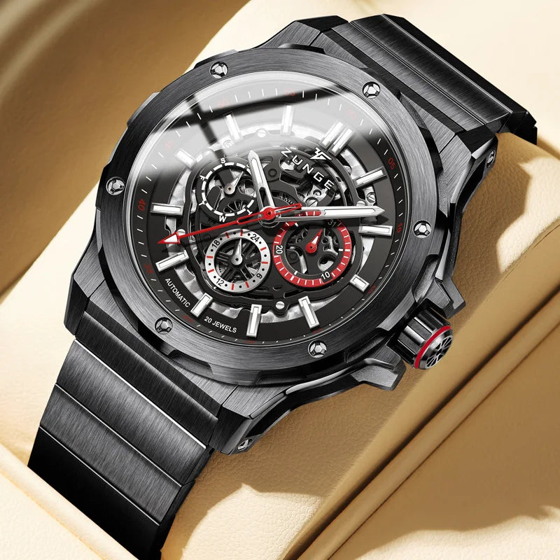 Luxury Fully Automatic Hollow Dial Mechanical Men's Watch Multifunctional Luminous Leather Strap Fashionable Business Watch