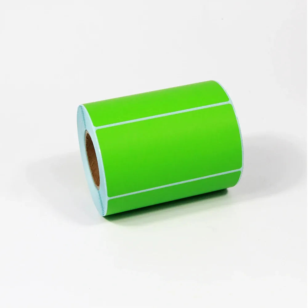 Green thermal barcode label roll with white horizontal lines, adhesive backing