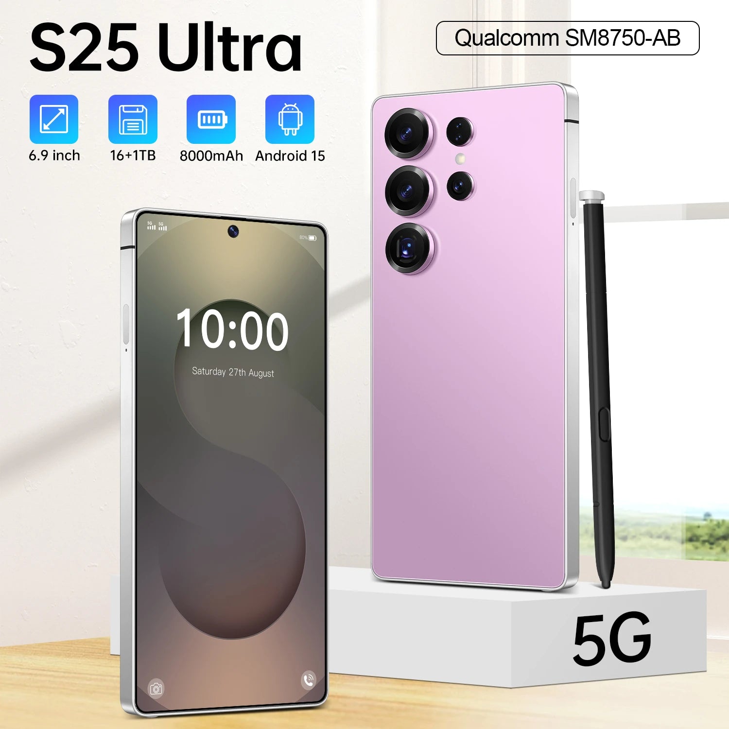 Ultra 5G S25 smartphone in silver with 7.3 inch HD display and 108MP camera, side view, 8800mAh battery.