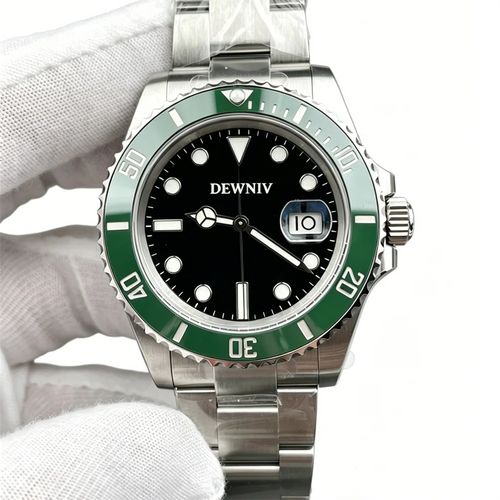 DEWNIV 41mm luxury diving watch with green bezel, black dial, stainless steel band, and automatic 3235 movement.
