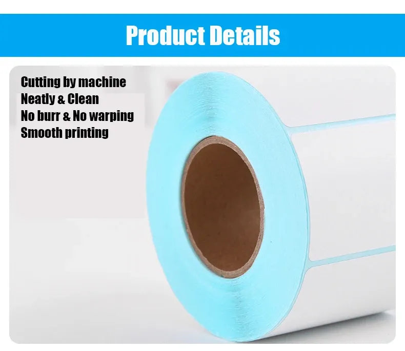 Close-up thermal label sticker roll with light blue outer strip and cardboard core
