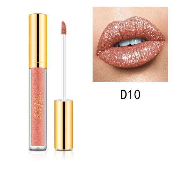 Waterproof diamond shimmer liquid lipstick in shade D10, featuring a sparkling nude-pink glitter finish on lips.