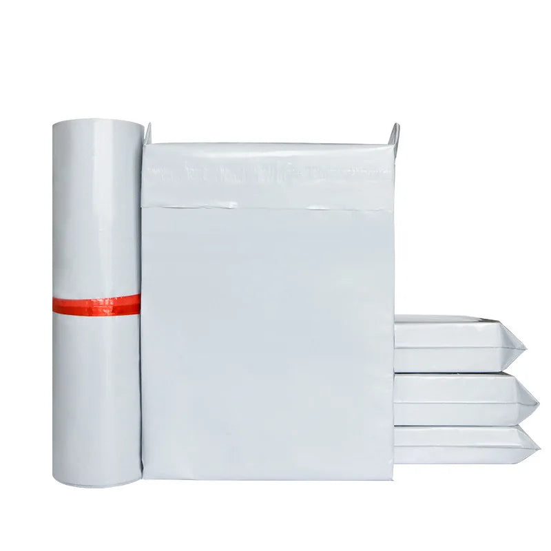 White plastic shipping mailer envelope with rolled packing film and red band