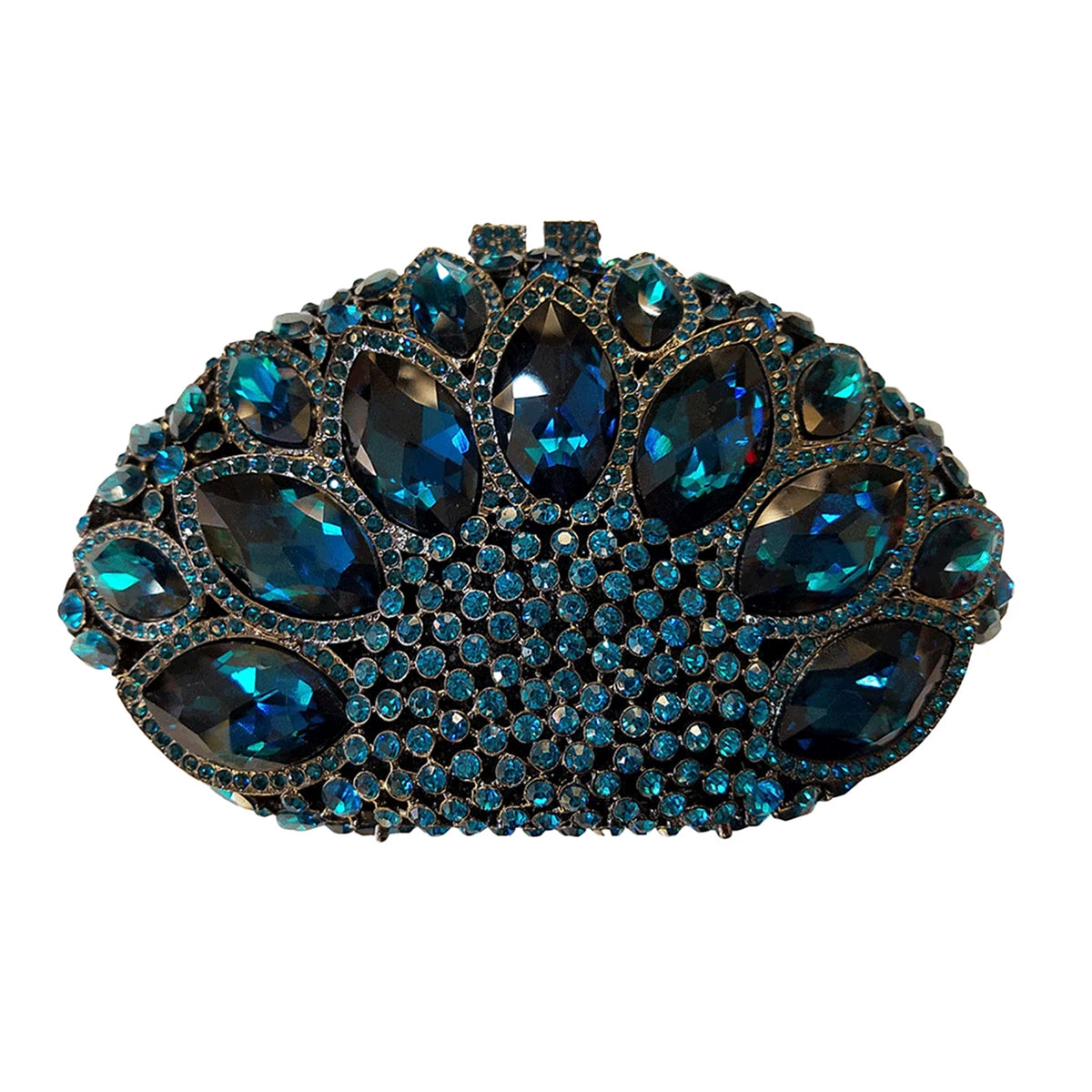Luxury blue crystal evening clutch, oval designer handbag with dazzling rhinestone floral patterns for formal events.