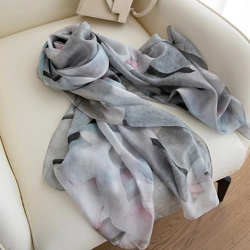 Carefully Selected Hangzhou Silk Scarf Women Long Mulberry Silk Shawl Ink-wash Peony Print Vintage Style Premium Feel Spring