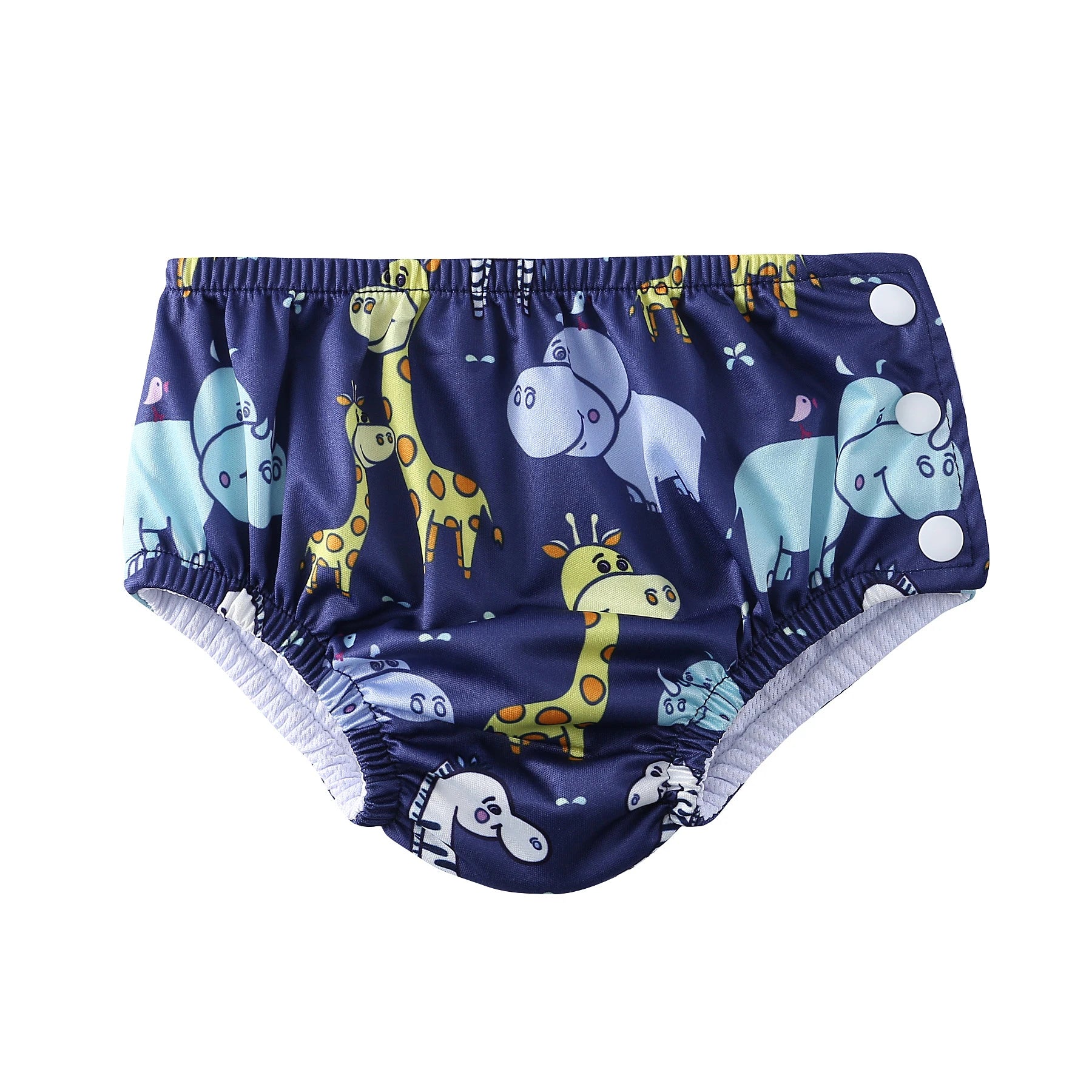 Reusable baby swim diaper featuring cute giraffe and hippo print on navy blue fabric with adjustable side snap closures.