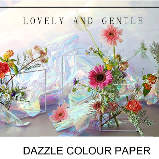 Iridescent holographic gift wrapping paper, full sheet view with floral arrangement styling
