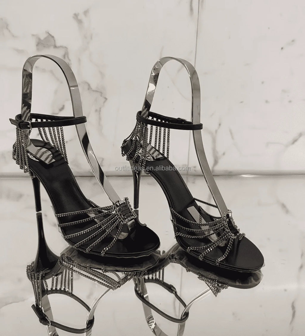 Lambskin Metal Design Black Party Sandal Top Quality 3.5 Inches Heels Ankle Chain Straps Pumps Women Leather Babylone Sandals