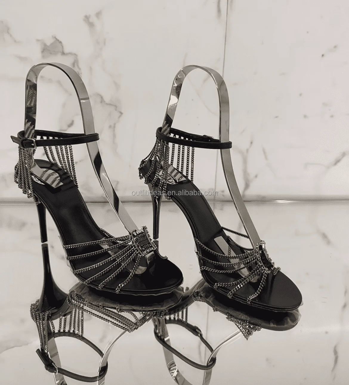 Lambskin Metal Design Black Party Sandal Top Quality 3.5 Inches Heels Ankle Chain Straps Pumps Women Leather Babylone Sandals